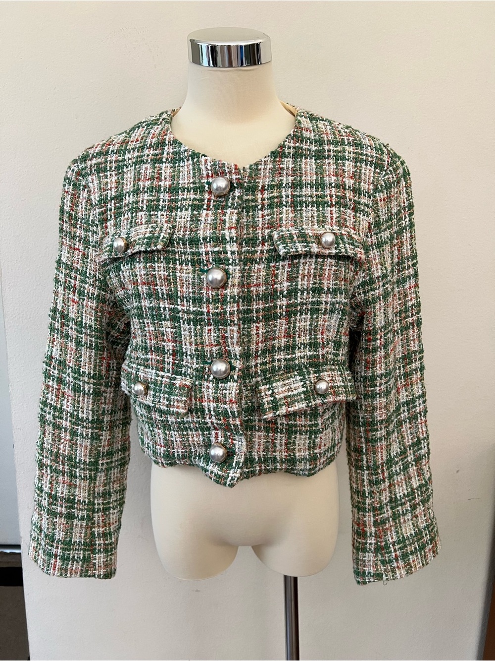 Storets Women’s Green & Cream Tweed Cropped Blazer with Pearl Buttons Small